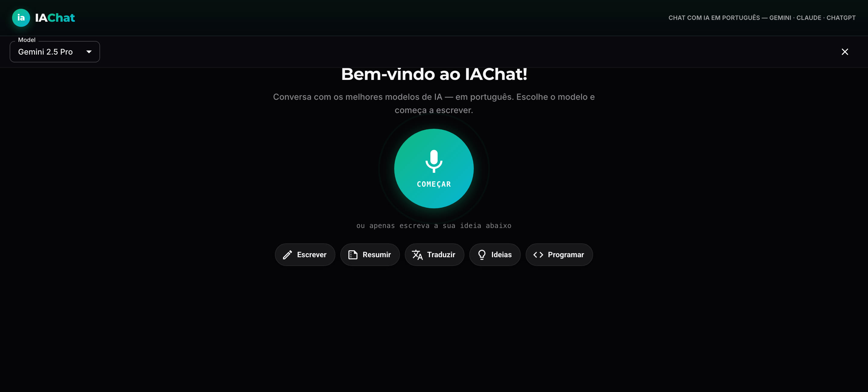 Chat com IA em português europeu no IAChat — interface web real